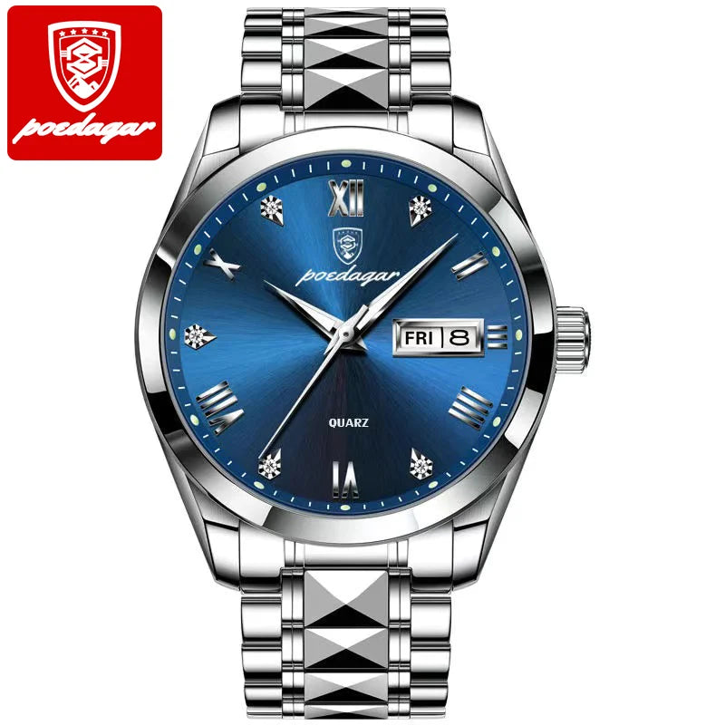 POEDAGAR Green Dial Stainless Sport Watch — Shock Resistant, Luminous, 3BAR