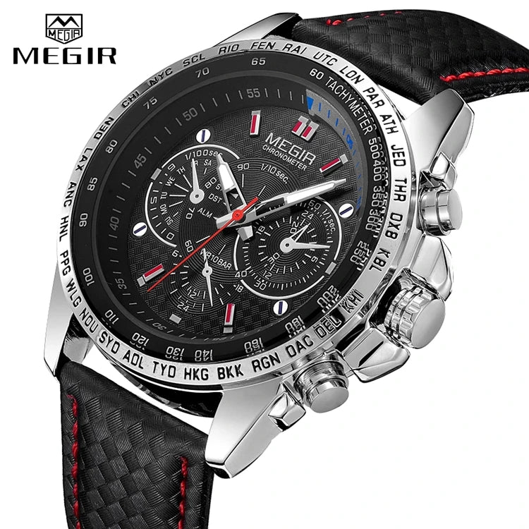 MEGIR 1010 Japan Quartz Chronograph Watch — 45mm, Leather, Luminous