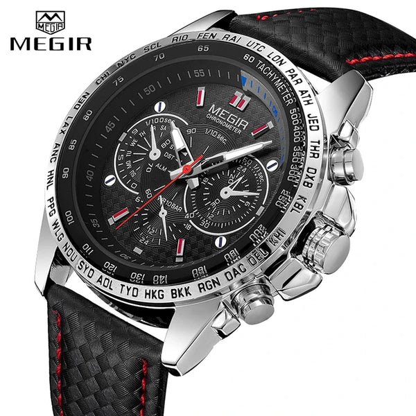 MEGIR 1010 Japan Quartz Chronograph Watch — 45mm, Leather, Luminous