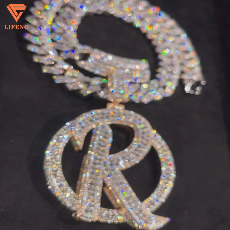 Factory Custom Fashion Jewelry 925 Sterling Silver Round&Baguette Cut VVS Moissanite Hip Hop Big Initial R 3D Letter Pendant