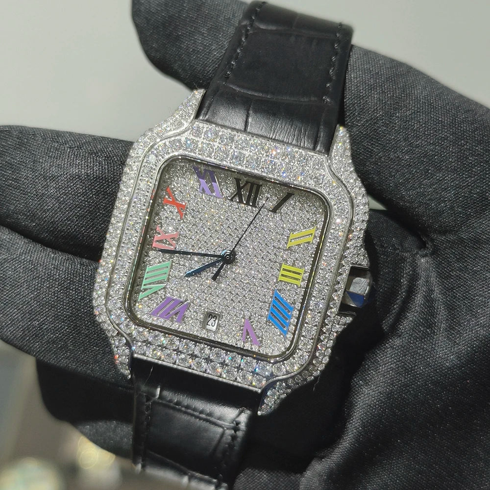 Hip Hop Square Moissanite Watch — Automatic, Leather Strap, Sapphire