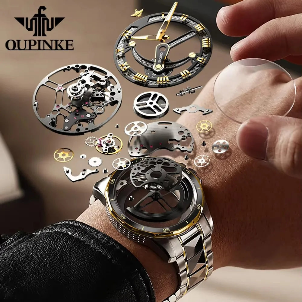 OUPINKE Tungsten Skeleton Automatic Watch — Sapphire, 5BAR, Week Display