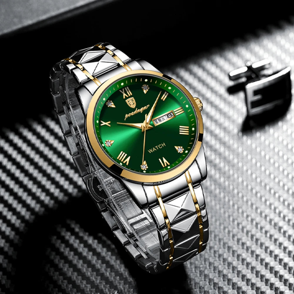 POEDAGAR Luxury Green Dial Sport Quartz Watch — 40mm, 3BAR, Luminous