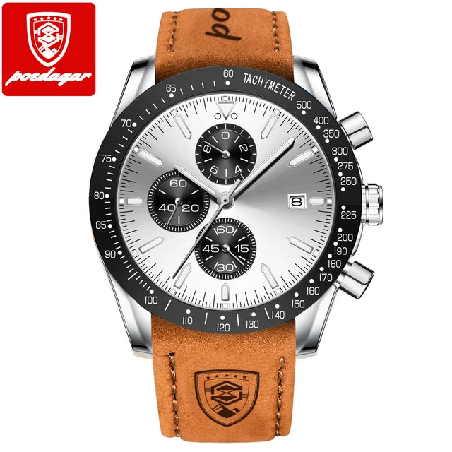 POEDAGAR 988 Chronograph Quartz Watch — 44mm Oval, Leather or Silicone