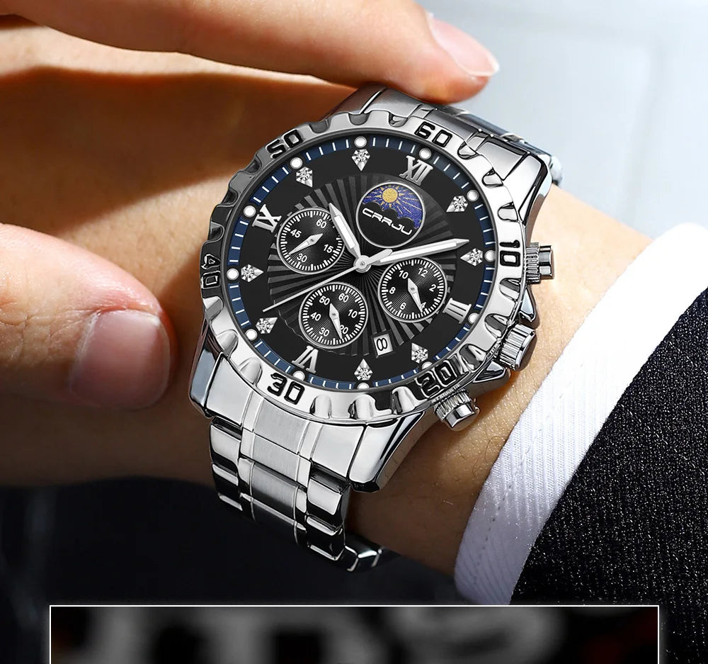CRRJU Business Dress Quartz Watch — 43mm, Luminous, Stainless Bracelet