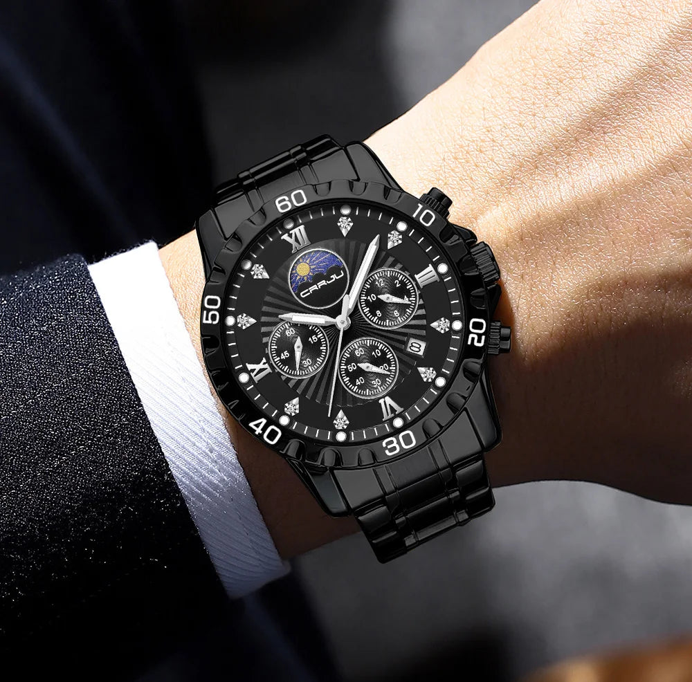 CRRJU Business Dress Quartz Watch — 43mm, Luminous, Stainless Bracelet