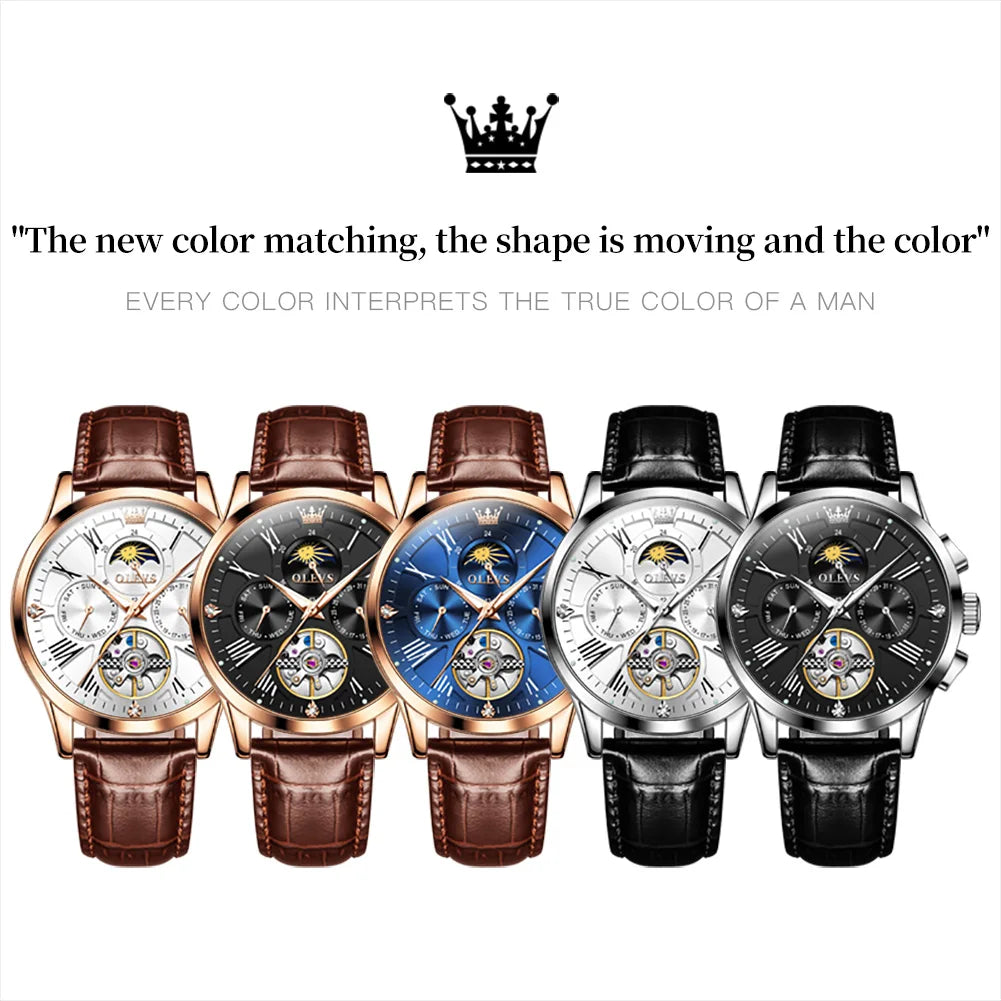 OLEVS 9912 Automatic Mechanical Watch — 40.5mm, Leather, Coated Glass