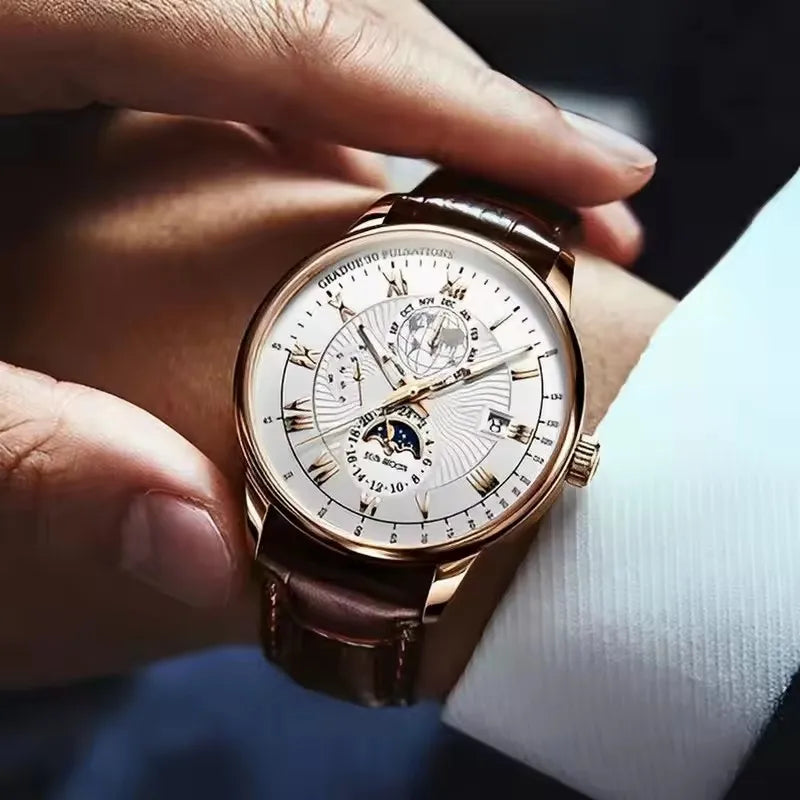 Men's Fashion Leather Oval Quartz Watch — 40mm, Day/Date, 3BAR