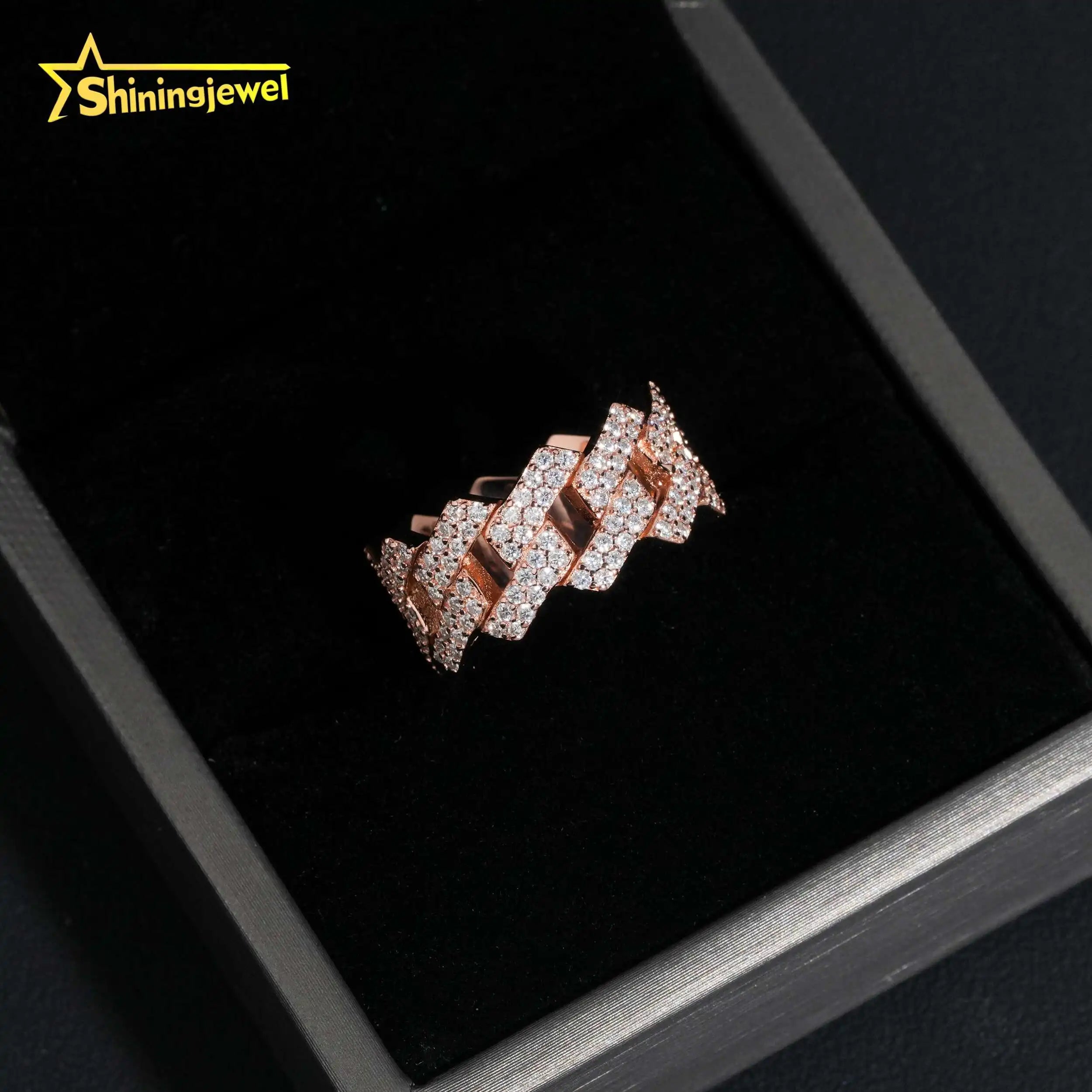 Factory Direct High Quality Hip Hop Two Row 925 Sterling Silver Moissanite Iced Out Cuban Ring