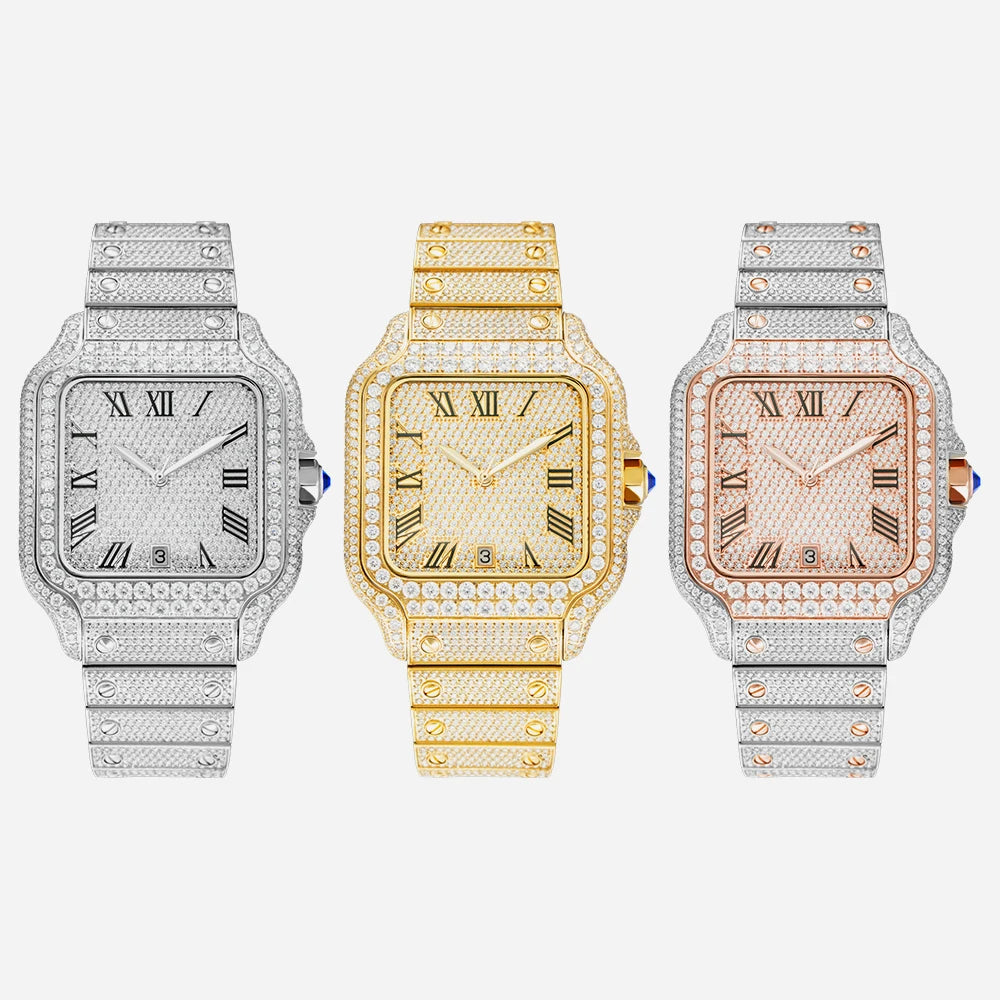 Full Diamond VVS1 Moissanite Sport Watch — Square Case, Sapphire, Butterfly Clasp