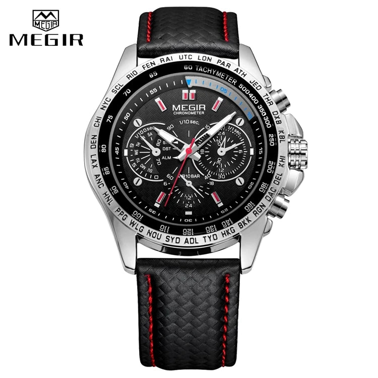 MEGIR 1010 Japan Quartz Chronograph Watch — 45mm, Leather, Luminous
