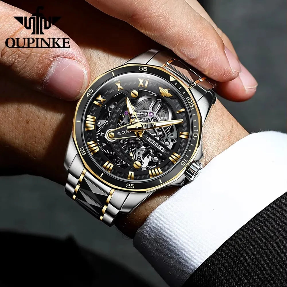 OUPINKE Tungsten Skeleton Automatic Watch — Sapphire, 5BAR, Week Display