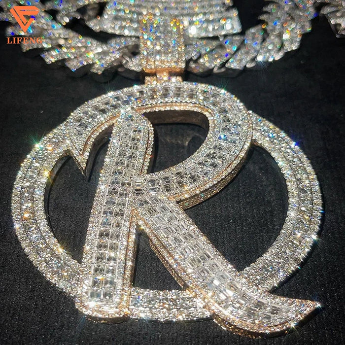 Factory Custom Fashion Jewelry 925 Sterling Silver Round&Baguette Cut VVS Moissanite Hip Hop Big Initial R 3D Letter Pendant