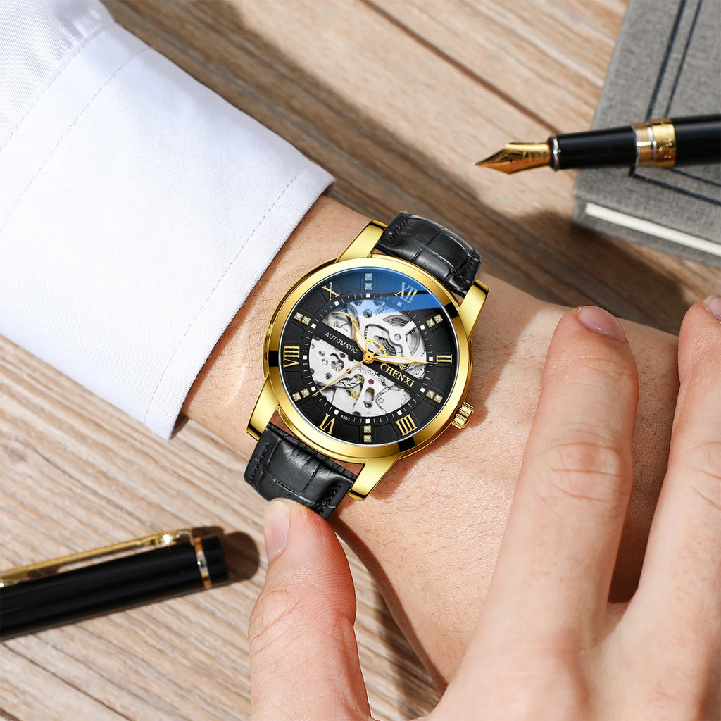 CHENXI 8802 Hollow Mechanical Watch — Oval Case, 40mm, Leather Strap