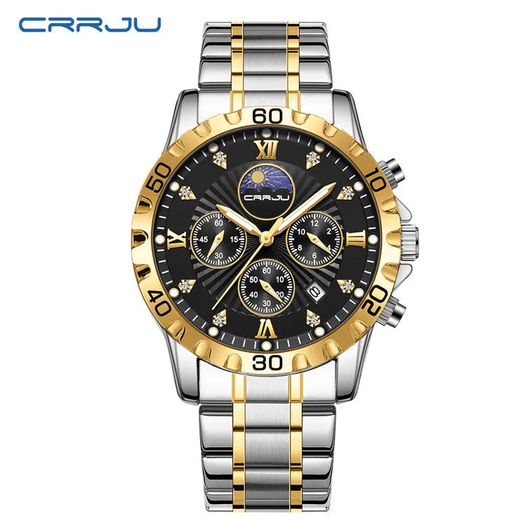 CRRJU Business Dress Quartz Watch — 43mm, Luminous, Stainless Bracelet