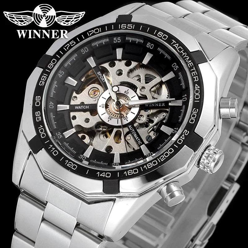 Winner Skeleton Automatic Watch — 45mm Oval, Luminous, Stainless