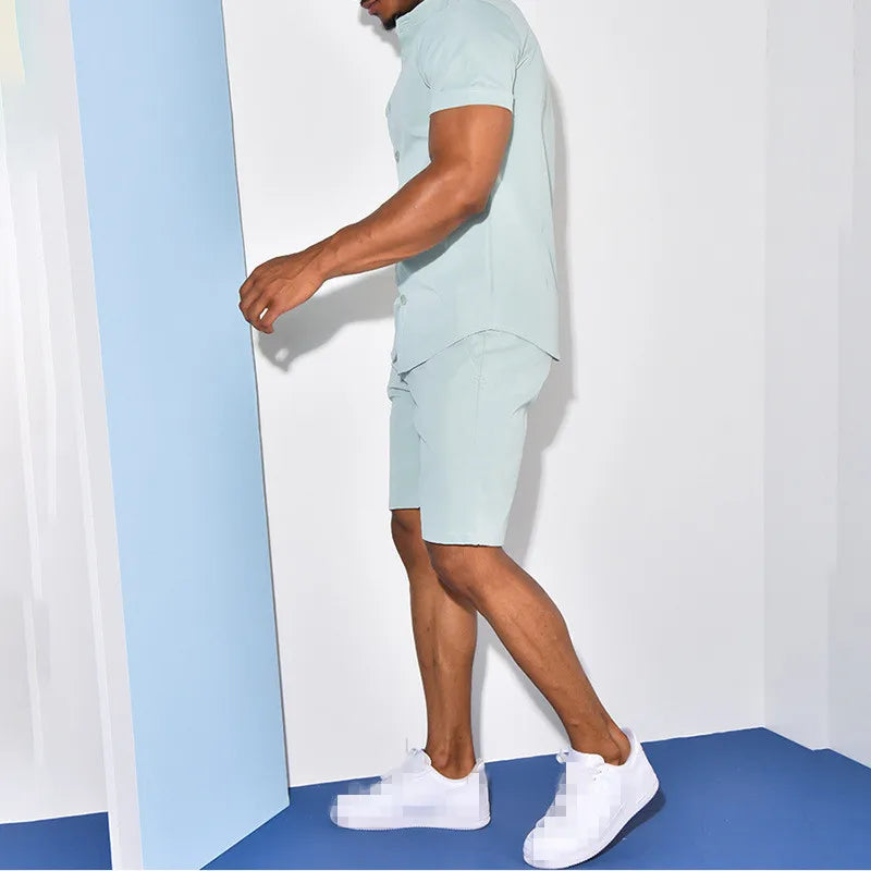 Casual Mens Shirt Set Fashion Stand Collar Short Sleeve Tops and Shorts Two Piece Set Summer Solid Color Men Tracksuit Outfits