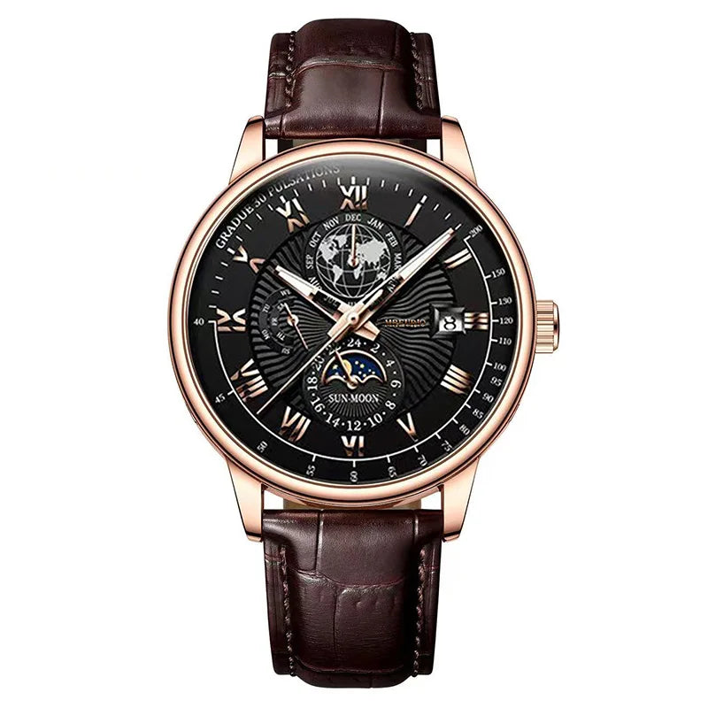 Men's Fashion Leather Oval Quartz Watch — 40mm, Day/Date, 3BAR