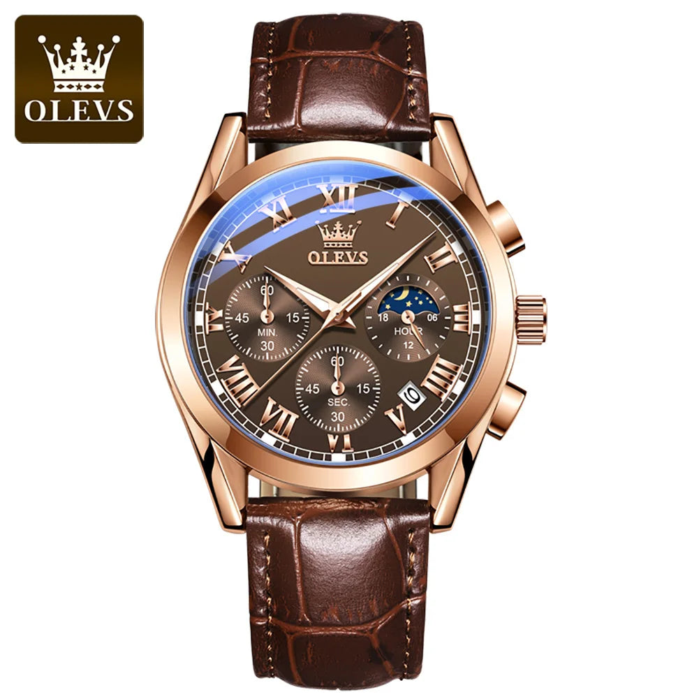 OLEVS 2871 Moon Phase Quartz Watch — 41mm, Leather, Hidden Clasp