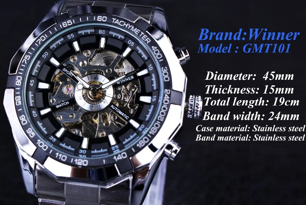 Winner Skeleton Automatic Watch — 45mm Oval, Luminous, Stainless