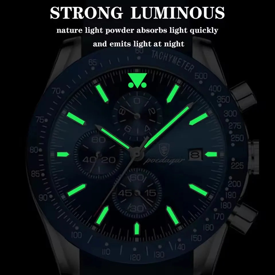 POEDAGAR 988 Chronograph Quartz Watch — 44mm Oval, Leather or Silicone