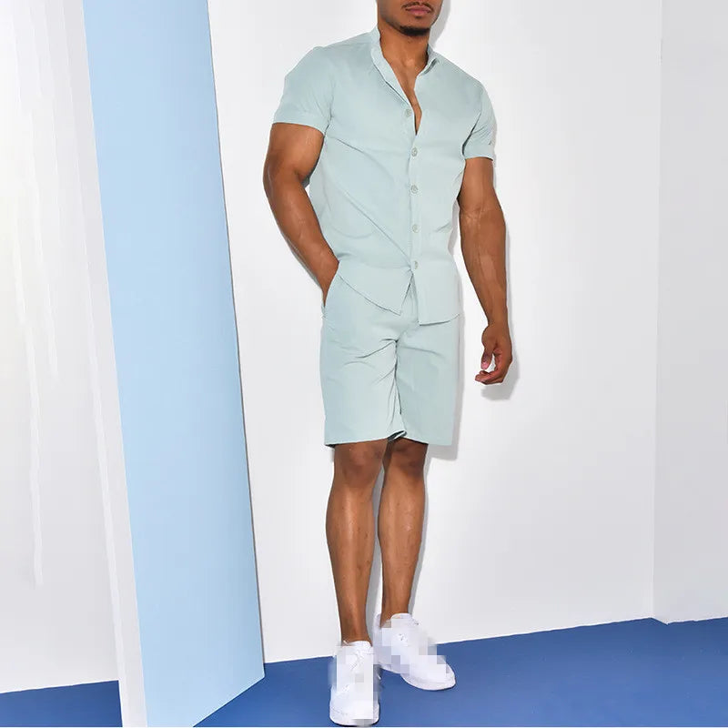 Casual Mens Shirt Set Fashion Stand Collar Short Sleeve Tops and Shorts Two Piece Set Summer Solid Color Men Tracksuit Outfits