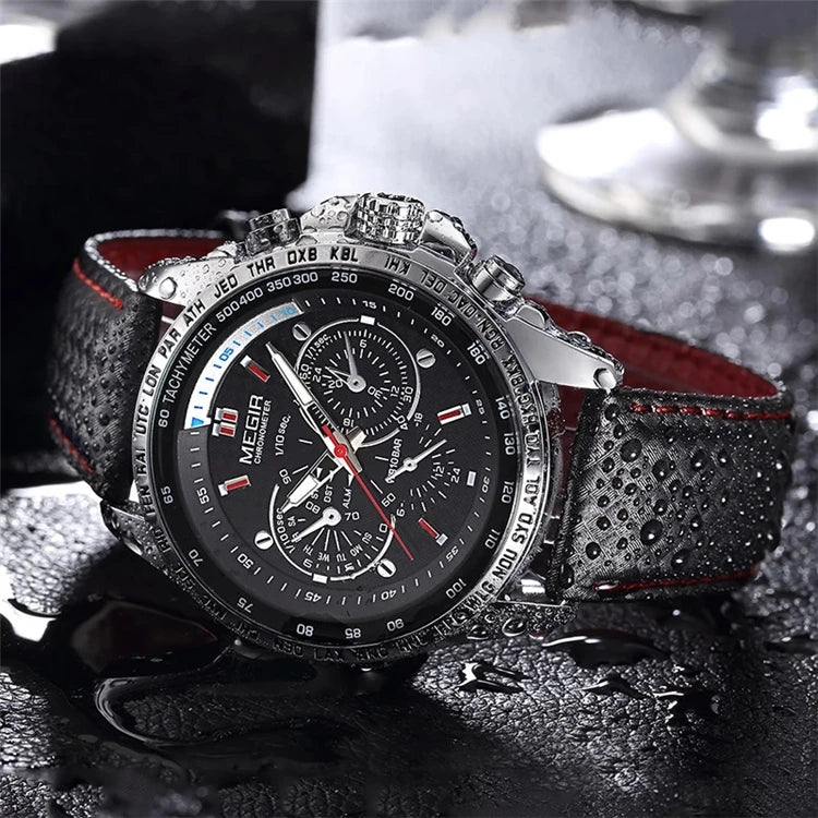 MEGIR 1010 Japan Quartz Chronograph Watch — 45mm, Leather, Luminous