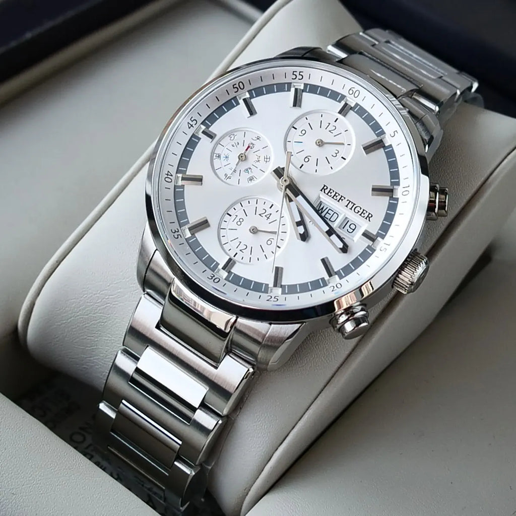 Reef Tiger Blue Chronograph Automatic Watch — Sapphire, 10BAR, 40mm