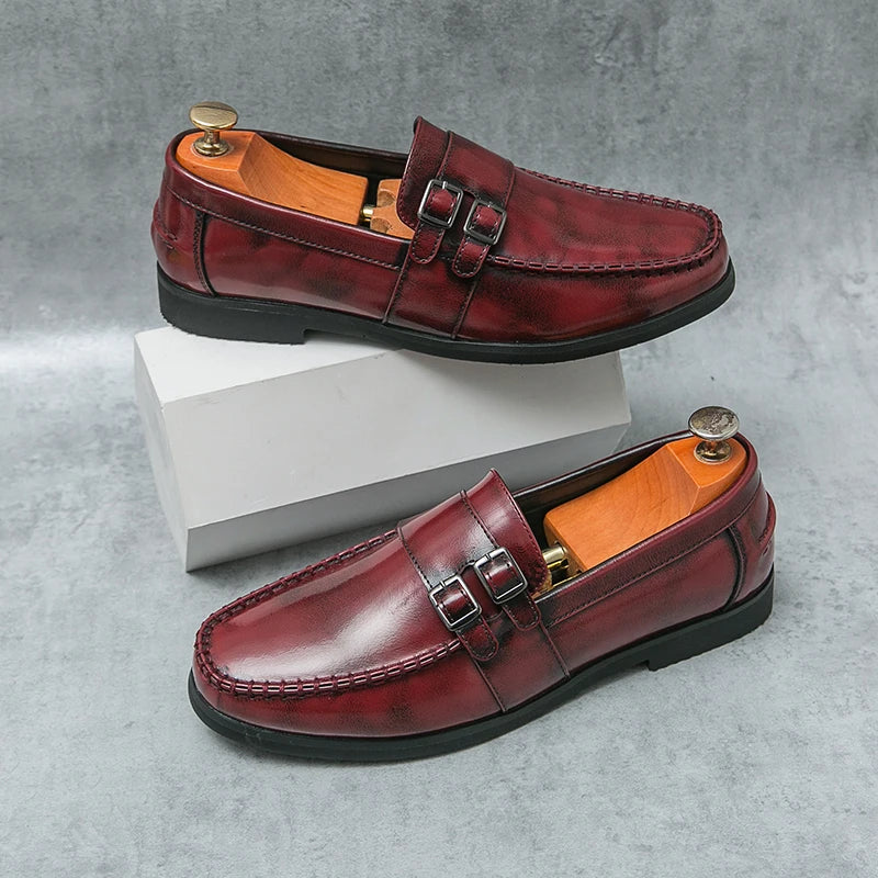 Red Color Double Monk Strap Shoes for Men Classic Comfortable Durable Flat Lightweight Slip on Casual Daily Dress Shoes