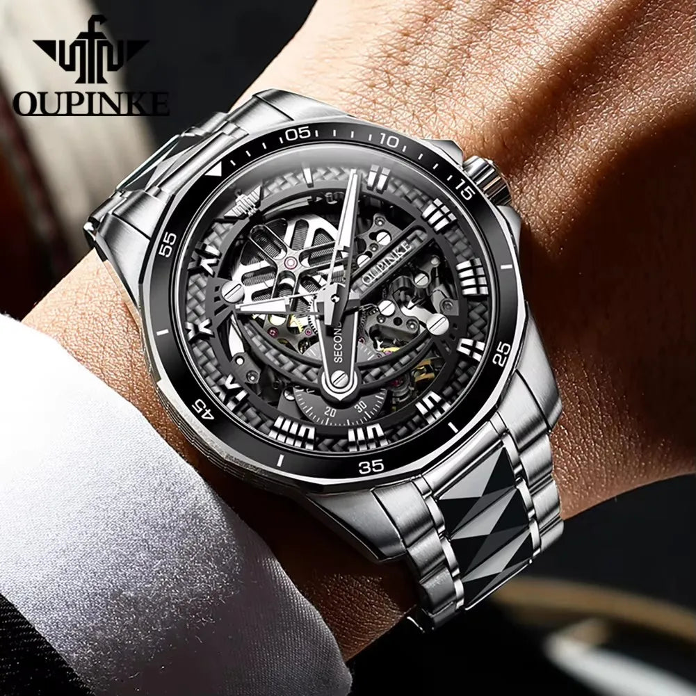 OUPINKE Tungsten Skeleton Automatic Watch — Sapphire, 5BAR, Week Display