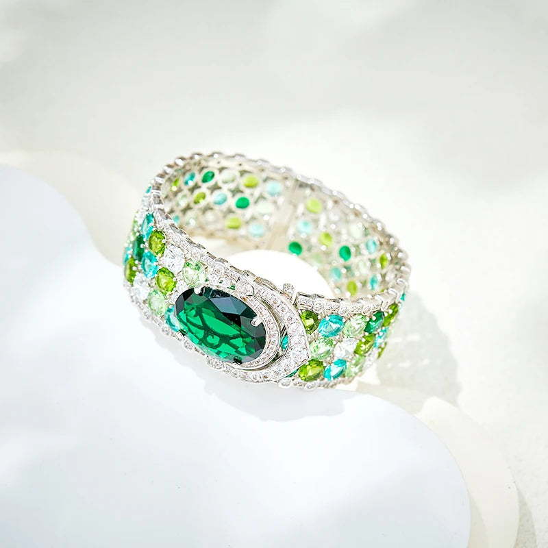 Exaggerated Large Jewelry Emerald Colored Bracelet Made of Brass Material Suitable for Both Men and Women As a Couple Gift