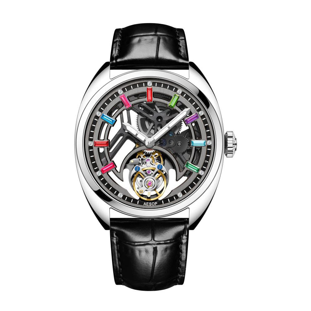 Flying Tourbillon Skeleton Color Diamond Watch — Square, Sapphire, Leather