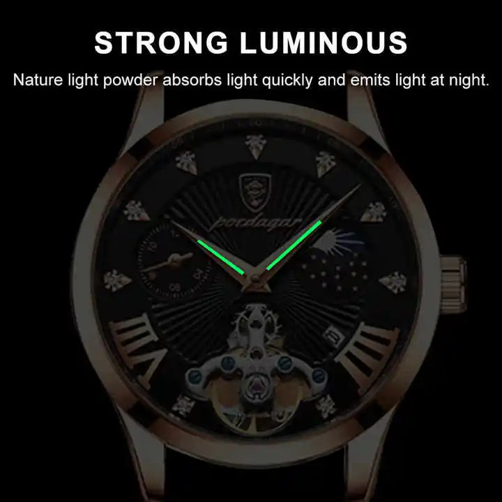 POEDAGAR 906 Diamond Leather Watch — 41mm Oval, Day/Date, Luminous