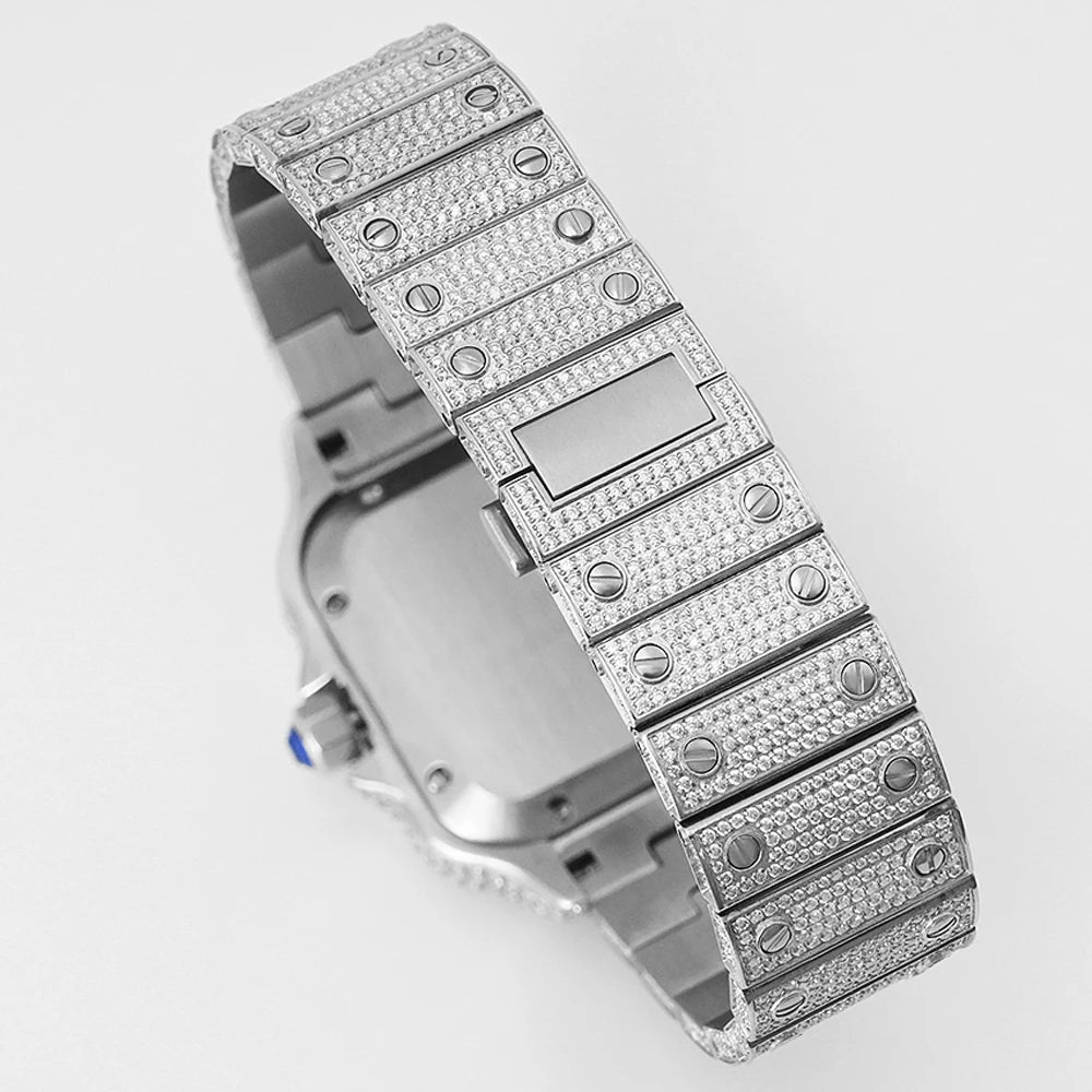 Full Diamond VVS1 Moissanite Sport Watch — Square Case, Sapphire, Butterfly Clasp