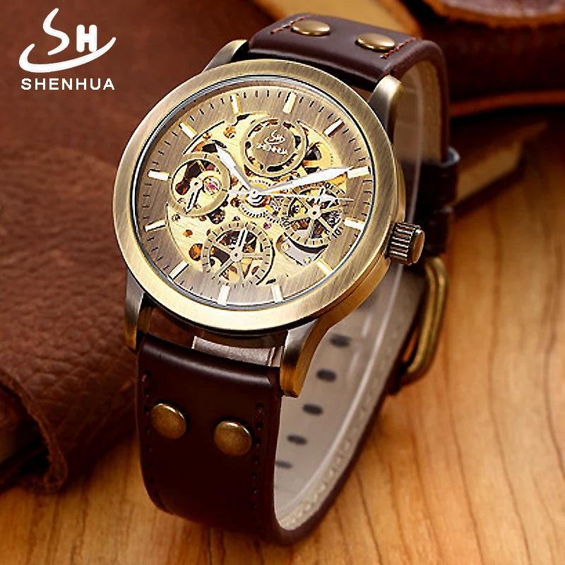SHENHUA Vintage Bronze Transparent Automatic Watch — 42mm, Hardlex, Leather