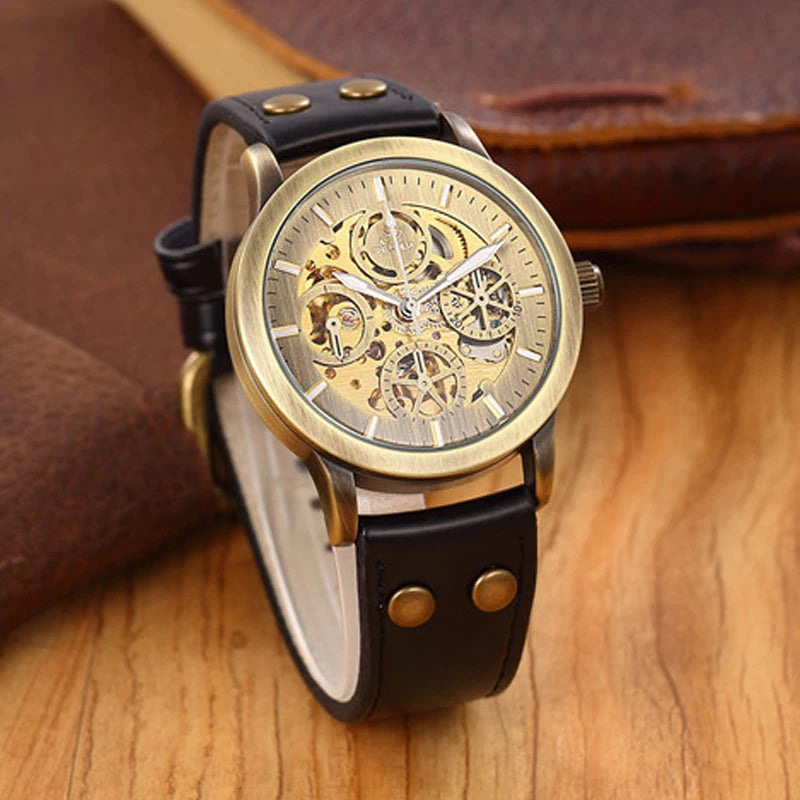 SHENHUA Vintage Bronze Transparent Automatic Watch — 42mm, Hardlex, Leather