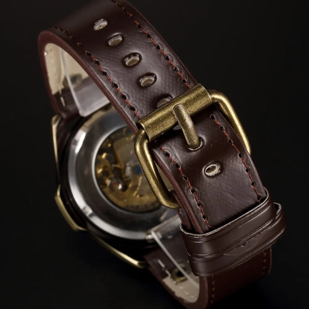 SHENHUA Vintage Bronze Transparent Automatic Watch — 42mm, Hardlex, Leather
