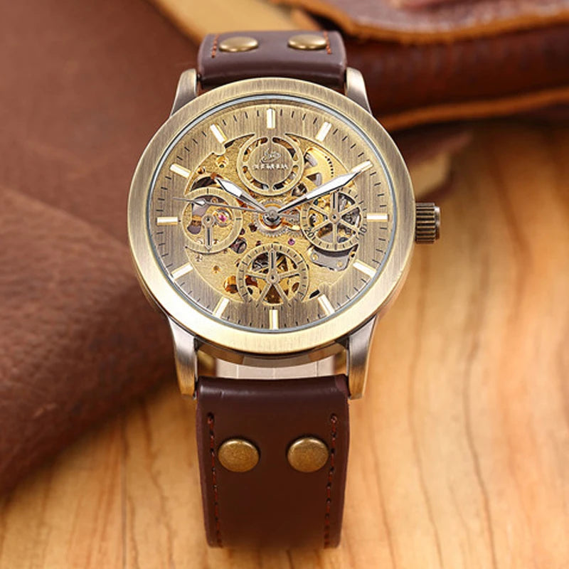 SHENHUA Vintage Bronze Transparent Automatic Watch — 42mm, Hardlex, Leather
