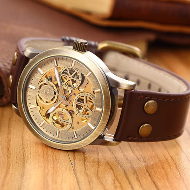 SHENHUA Vintage Bronze Transparent Automatic Watch — 42mm, Hardlex, Leather