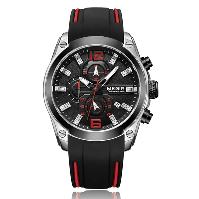 MEGIR 2063 Chronograph Sport Watch — 46.5mm, Silicone, Auto Date, 3BAR