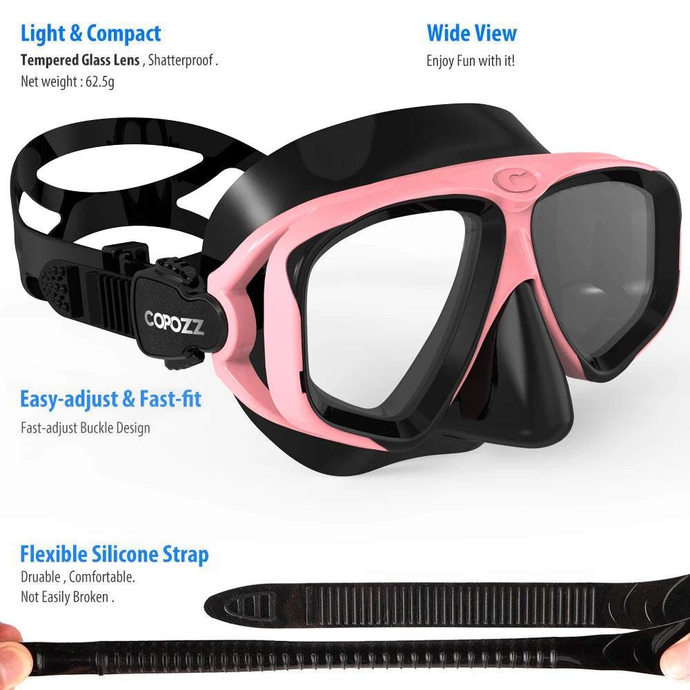 COPOZZ 2025 Scuba Diving Mask Set Anti Fog Goggles with Snorkel Glasses Tube Adjustable Strap for Women Men Adult Swimming Mask