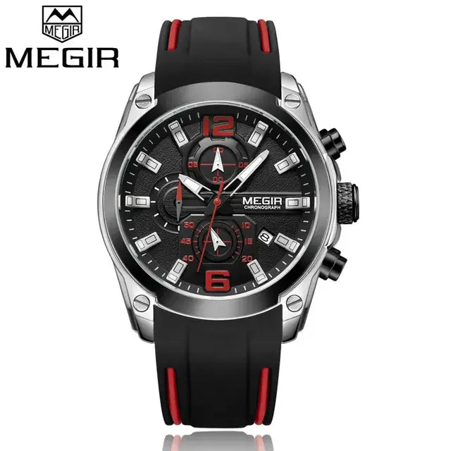 MEGIR 2063 Chronograph Sport Watch — 46.5mm, Silicone, Auto Date, 3BAR