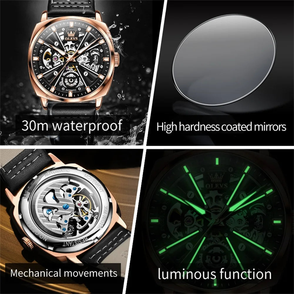 OLEVS 6685 Luminous Skeleton Automatic Watch — Power Reserve, 3BAR