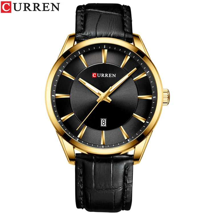 CURREN 8365 Slim Leather Quartz Watch — 45mm, Day/Date, Hardlex