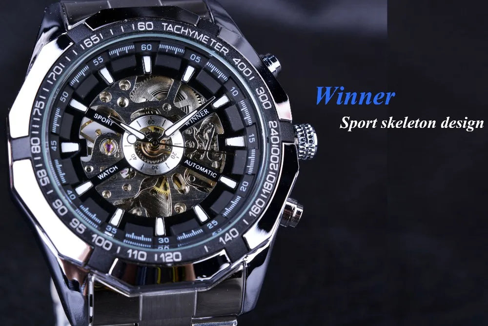 Winner Skeleton Automatic Watch — 45mm Oval, Luminous, Stainless