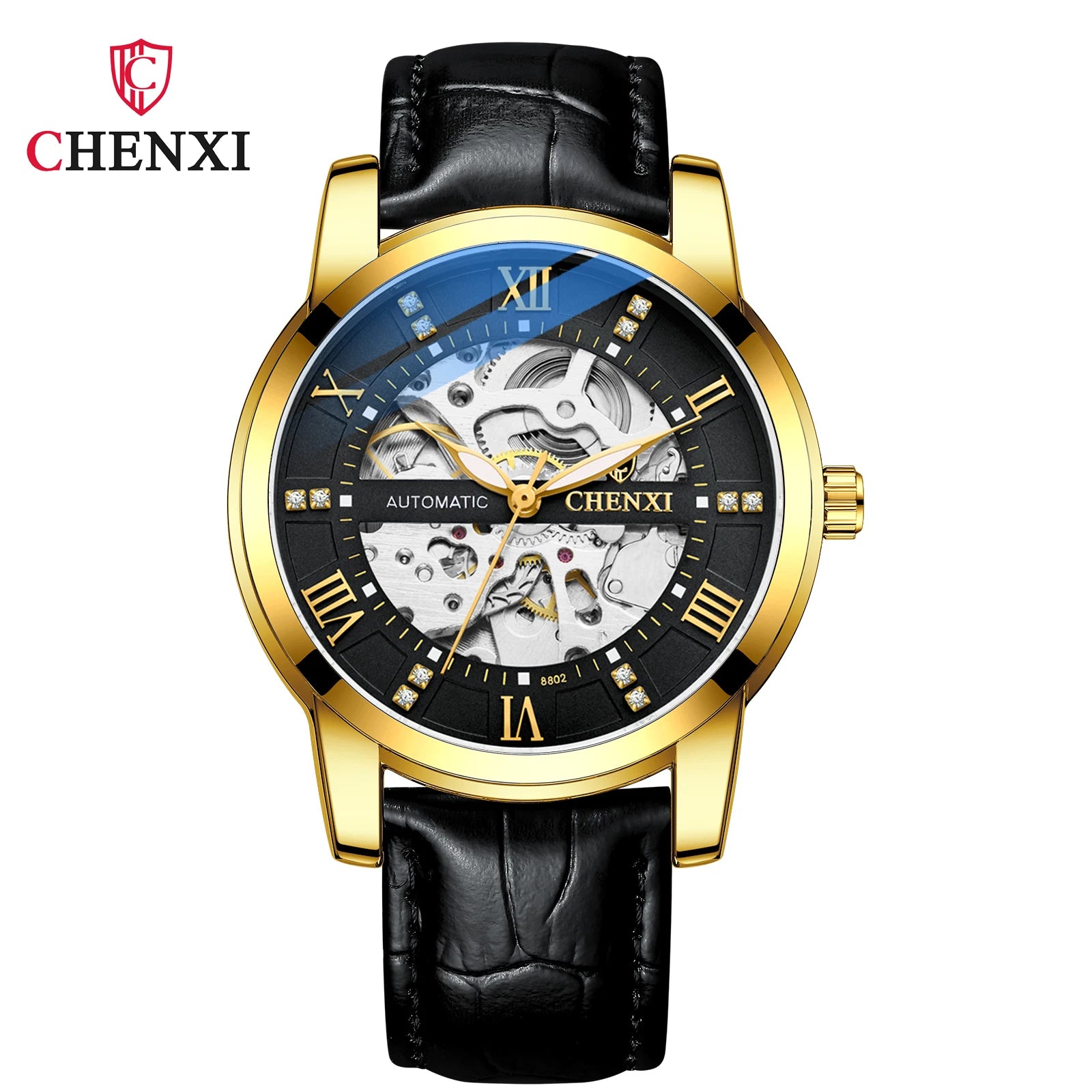 CHENXI 8802 Hollow Mechanical Watch — 40mm Oval, Leather Strap, Luminous