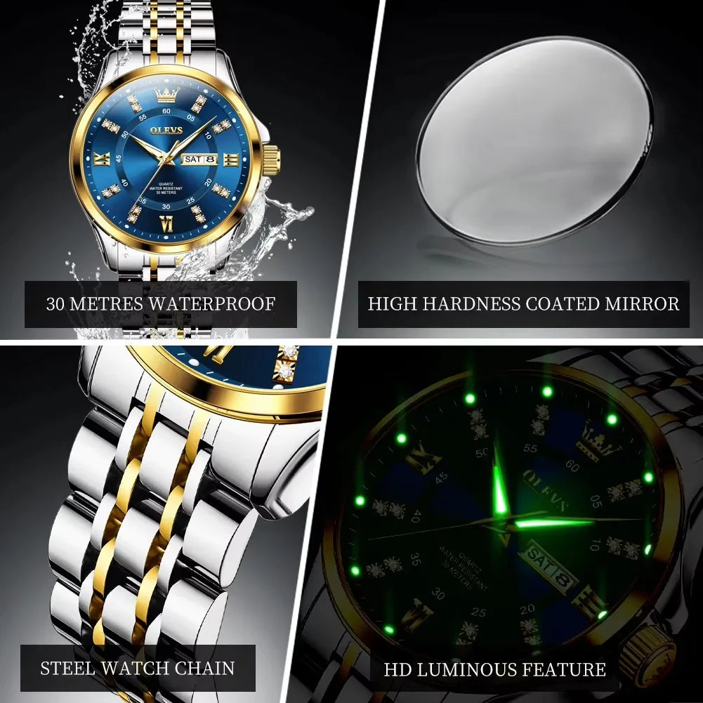 OLEVS 3620 Diamond Chronograph Quartz Watch — 41mm, Auto Date, Luminous