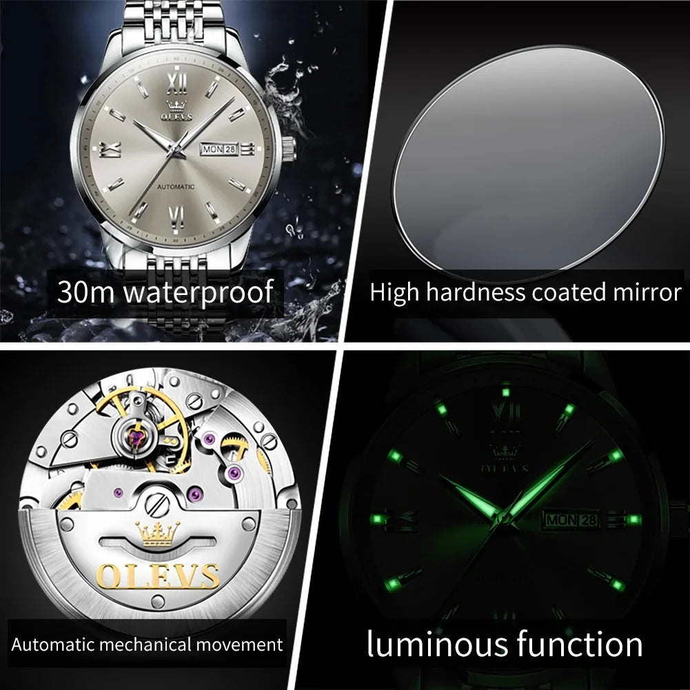 OLEVS 6777 Automatic Mechanical Watch — 40mm, Leather, Full Calendar
