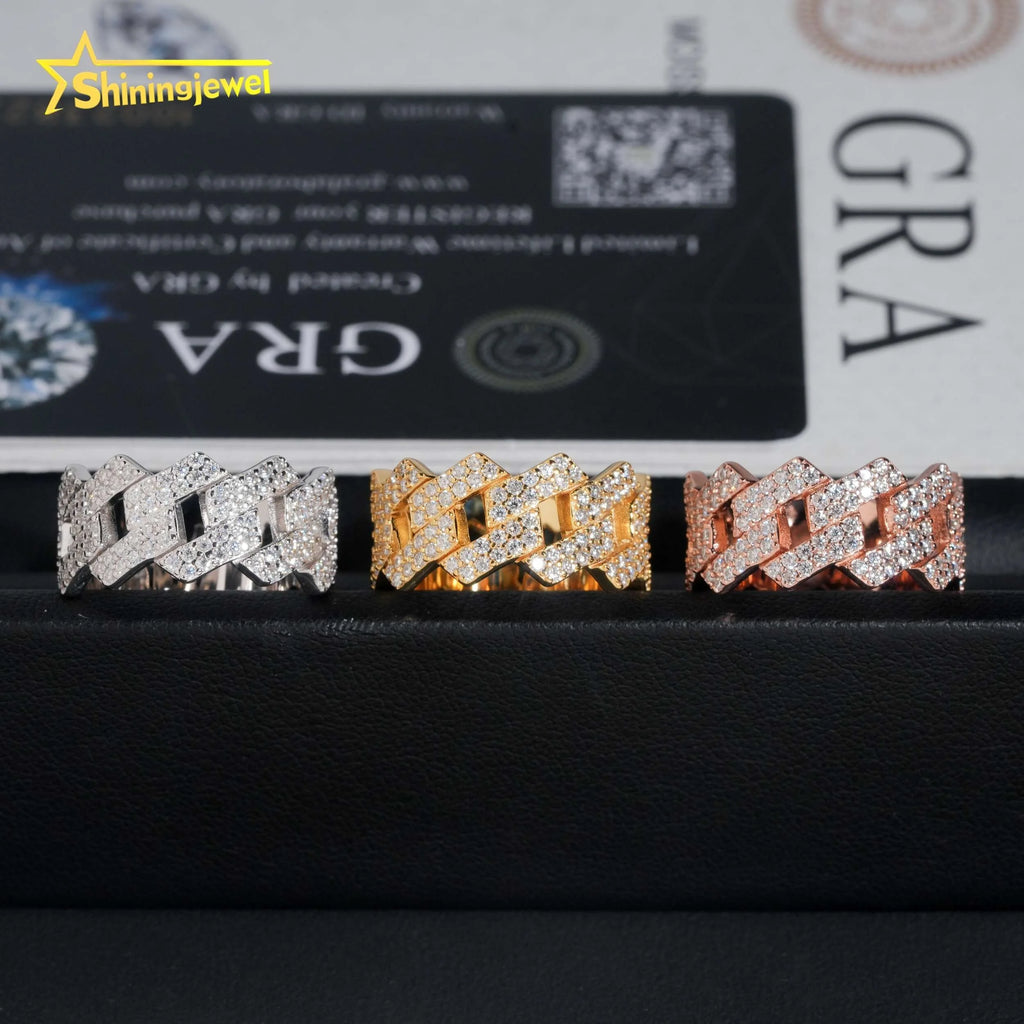 Factory Direct High Quality Hip Hop Two Row 925 Sterling Silver Moissanite Iced Out Cuban Ring