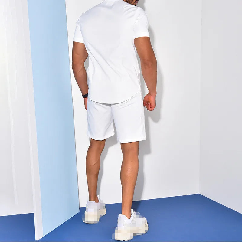 Casual Mens Shirt Set Fashion Stand Collar Short Sleeve Tops and Shorts Two Piece Set Summer Solid Color Men Tracksuit Outfits